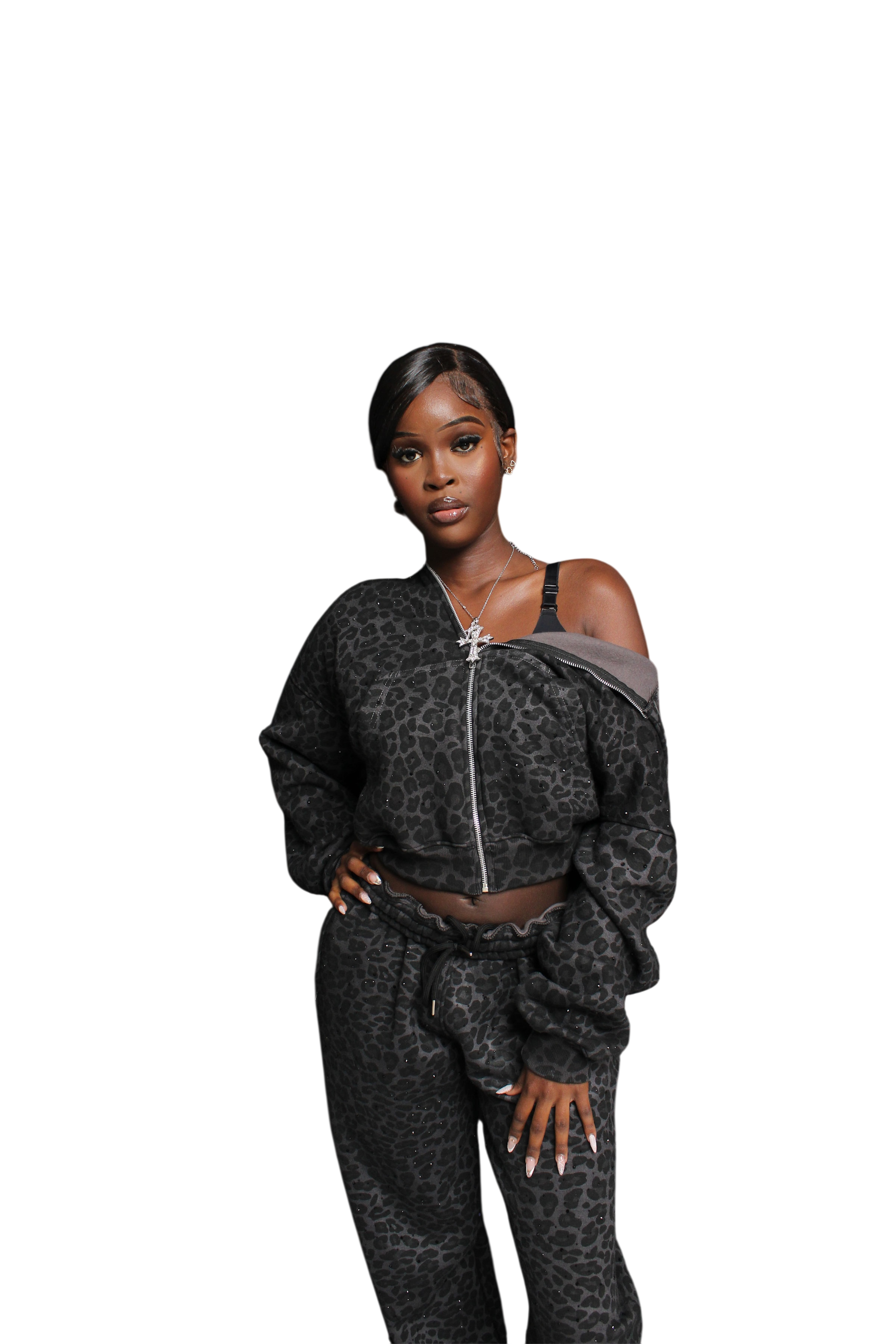 Black “Stardust” Diamond Cheetah Zip-Up