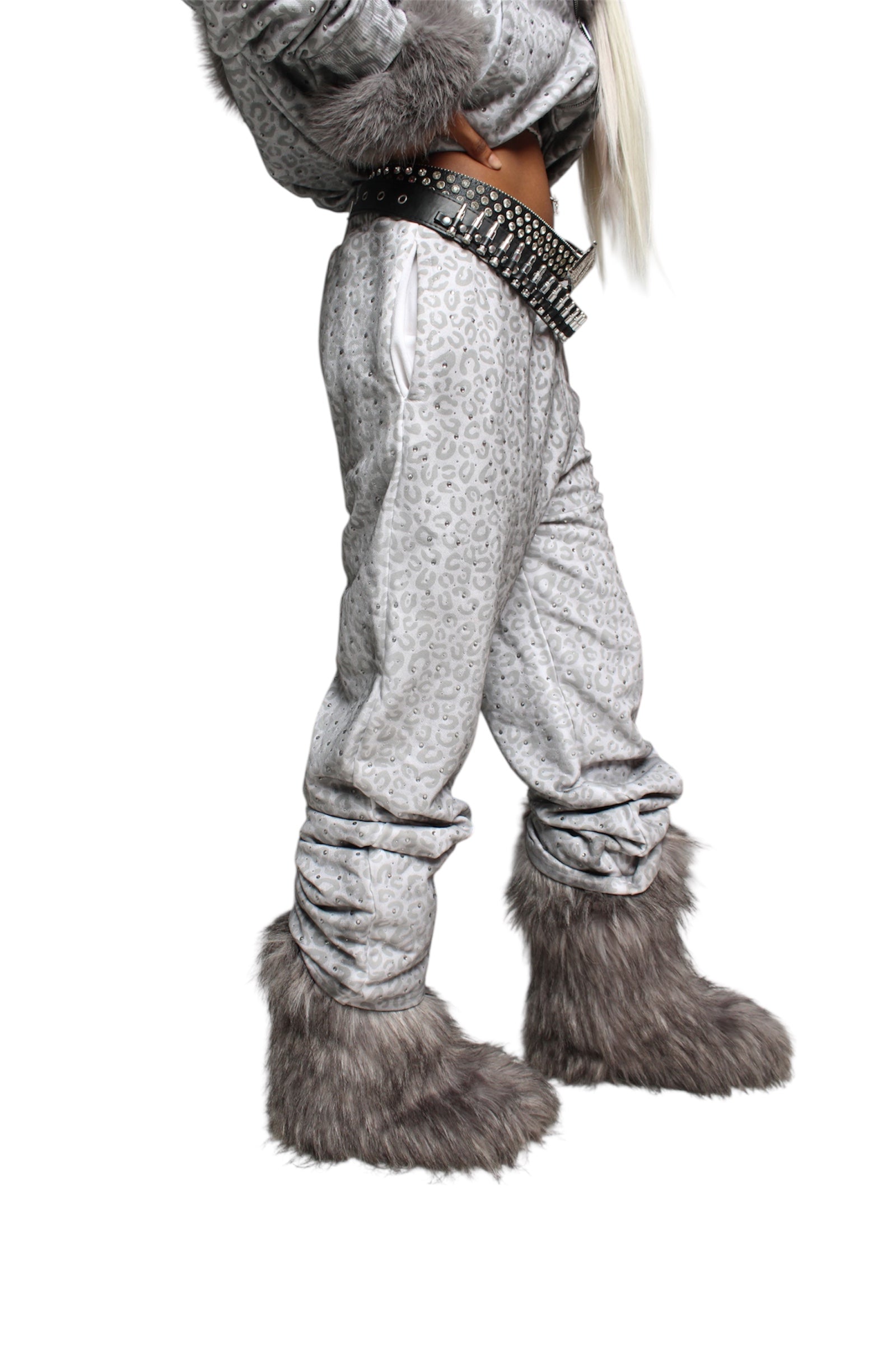 White “Stardust” Diamond Cheetah Sweatpants
